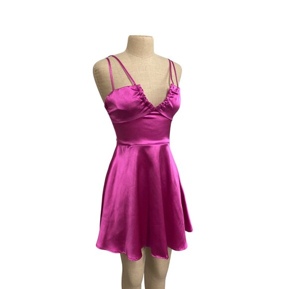 Speechless Womens Fuchsia Satin Fit Flare Mini Dress With Double Straps Size 5 - Picture 3 of 11